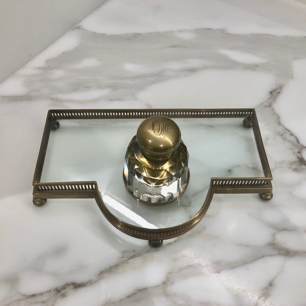 Inkwell - “Vintage glass tray with brass railing and monogramed ink well”